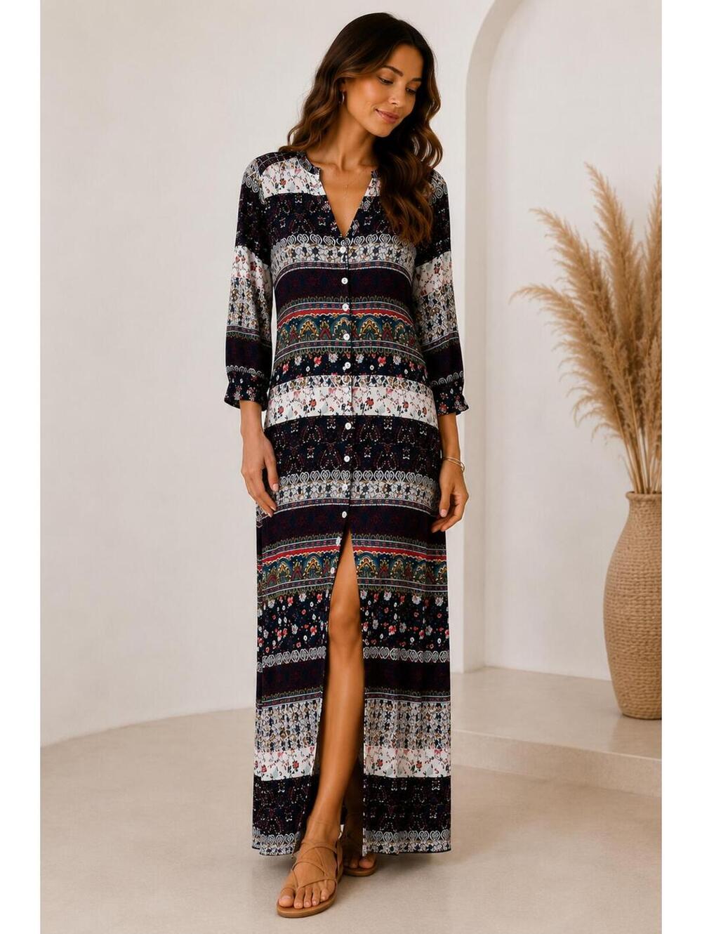 R. Vivimos Womens Size M Boho Floral Paisley Maxi Dress Button Front 3/4 Sleeve